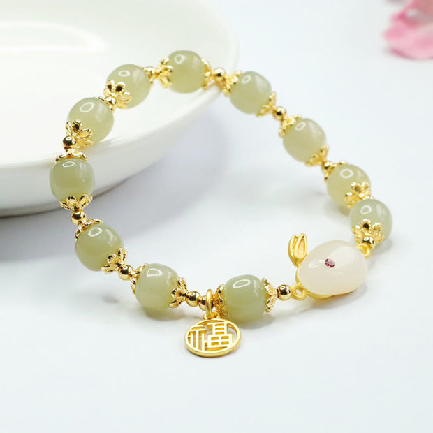 Buddha Stones Natural Hetian Jade Fu Character Fu Brand Rabbit Abundance Bracelet