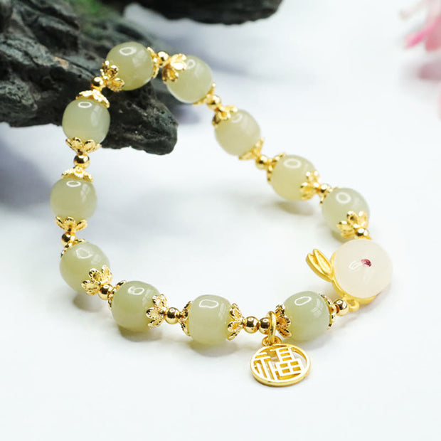 Buddha Stones Natural Hetian Jade Fu Character Fu Brand Rabbit Abundance Bracelet