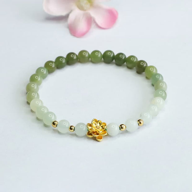 Buddha Stones Natural Hetian Jade Gradient Lotus Abundance Bracelet