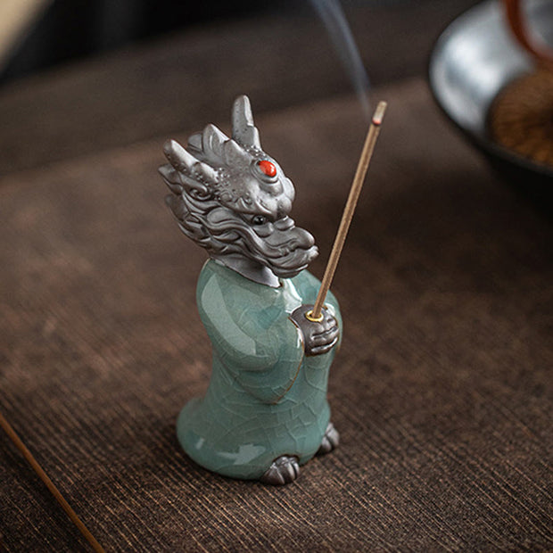 Buddha Stones Praying Dragon King Lotus Base Fu Character Ceramic Healing Incense Burner Desk Decoration Incense Burner BS 11