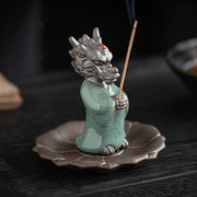 Buddha Stones Praying Dragon King Lotus Base Fu Character Ceramic Healing Incense Burner Desk Decoration Incense Burner BS 4