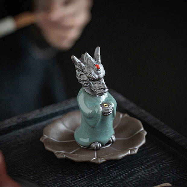 Buddha Stones Praying Dragon King Lotus Base Fu Character Ceramic Healing Incense Burner Desk Decoration Incense Burner BS 2