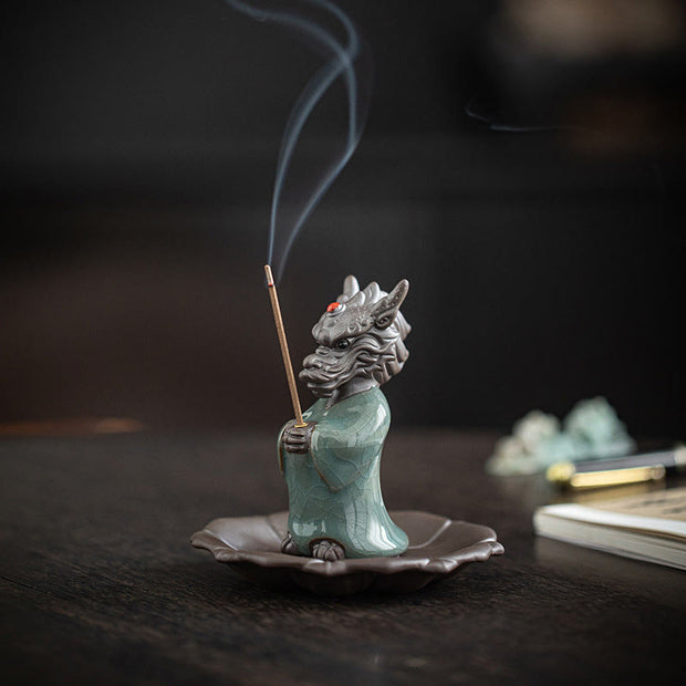 Buddha Stones Praying Dragon King Lotus Base Fu Character Ceramic Healing Incense Burner Desk Decoration Incense Burner BS Praying Dragon King 3.9*4.3*9.4cm