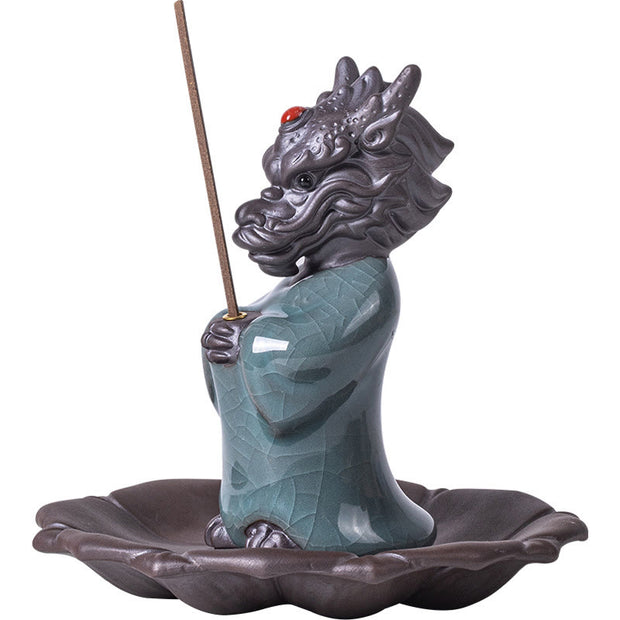 Buddha Stones Praying Dragon King Lotus Base Fu Character Ceramic Healing Incense Burner Desk Decoration Incense Burner BS 16