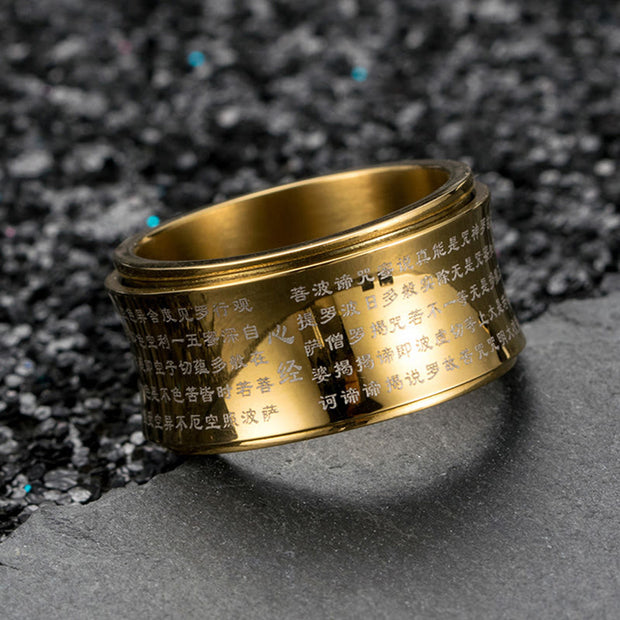 Buddha Stones Tibetan Miniature Scriptures Heart Sutra Titanium Steel Spinner Balance Ring Ring BS 8