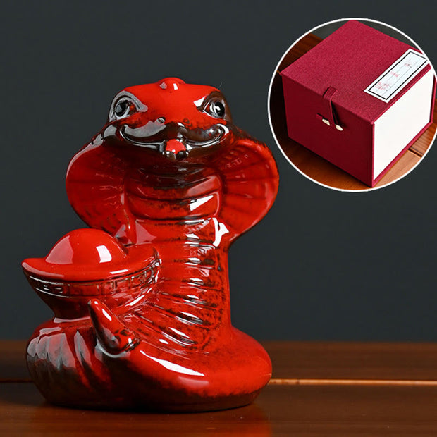 Buddha Stones Year Of The Snake Ingot Fu Character Ceramic Home Decoration Decorations BS Red Ingot Snke 7.8*7.3*9.4cm