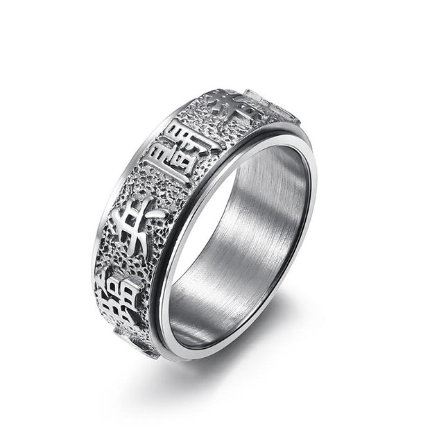 Buddha Stones Tibetan The Nine-word Mantra Yin Yang Pattern Titanium Steel Spinner Balance Ring