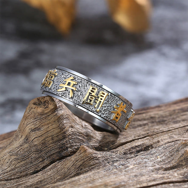 Buddha Stones Tibetan The Nine-word Mantra Yin Yang Pattern Titanium Steel Spinner Balance Ring Ring BS 3