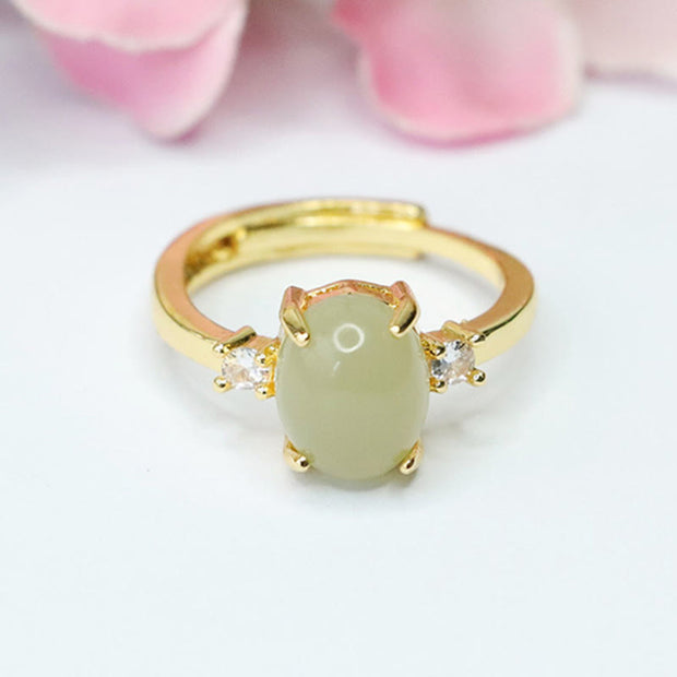 Buddha Stones Natural Hetian Jade Zirconia Egg Copper Prosperity Ring