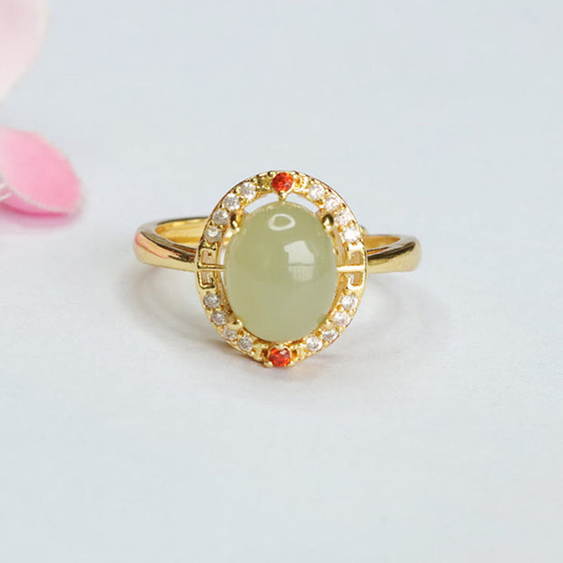 Buddha Stones Natural Hetian Jade Zirconia Egg Copper Open Luck Ring