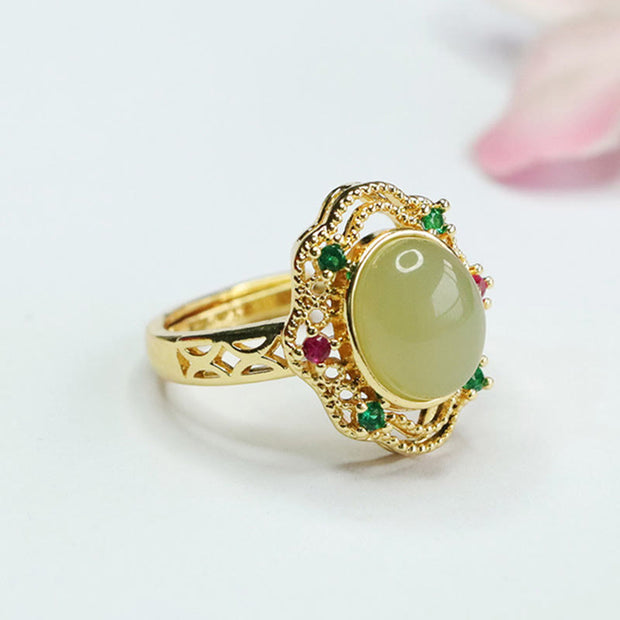 Buddha Stones Natural Hetian Jade Egg Hollow Pattern Copper Open Luck Ring