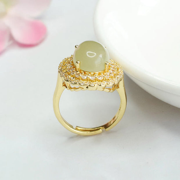 Buddha Stones Natural Hetian Jade Egg Hollow Double Circle Zirconia Copper Open Abundance Ring