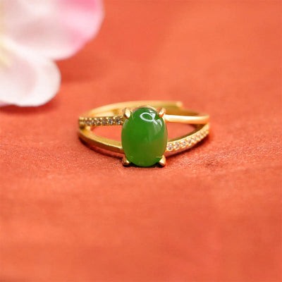 Buddha Stones Natural Hetian Jade Egg Hollow Copper Open Luck Ring