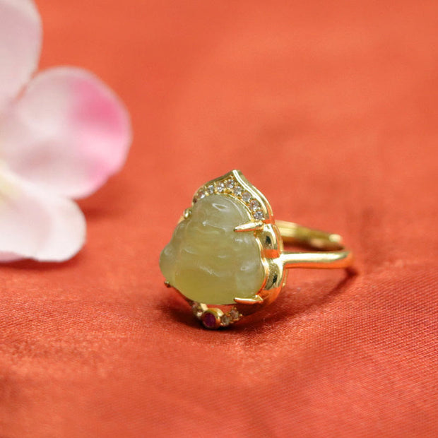 Buddha Stones Natural Hetian Jade Egg Gourd Copper Laughing Buddha Open Luck Ring