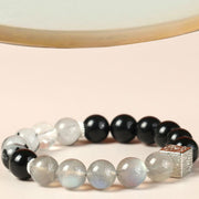 Buddha Stones Black Obsidian Black Rutilated Quartz Moonstone Cube Strength Bracelet Bracelet BS 2