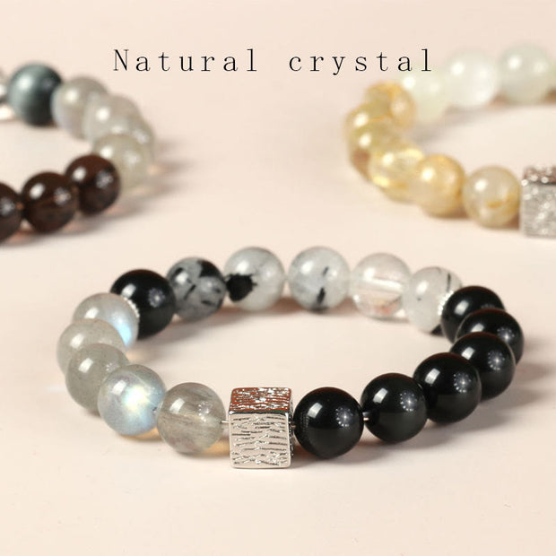 Buddha Stones Black Obsidian Black Rutilated Quartz Moonstone Cube Strength Bracelet Bracelet BS Black Obsidian Black Rutilated Quartz Moonstone(Wrist Circumference: 14-16cm)