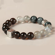 Buddha Stones Black Obsidian Black Rutilated Quartz Moonstone Cube Strength Bracelet