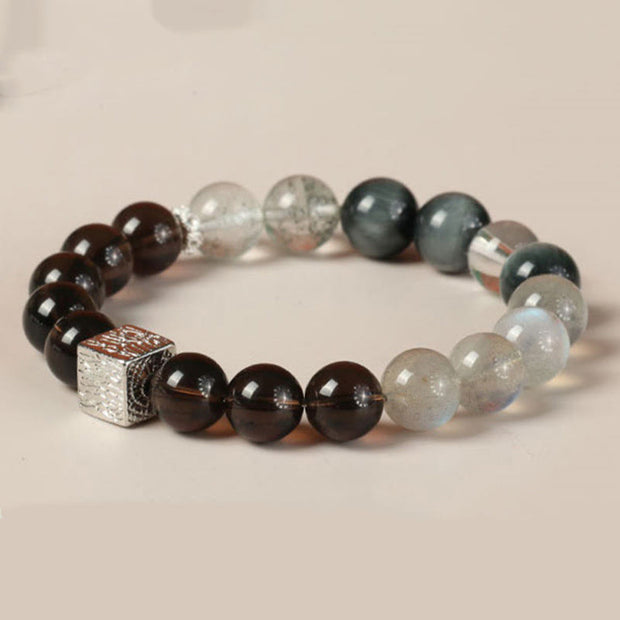 Buddha Stones Black Obsidian Black Rutilated Quartz Moonstone Cube Strength Bracelet Bracelet BS 15