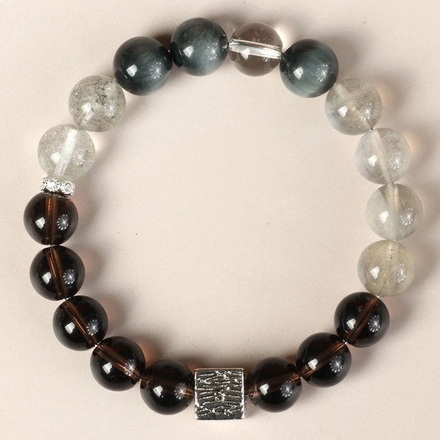 Buddha Stones Black Obsidian Black Rutilated Quartz Moonstone Cube Strength Bracelet Bracelet BS Smoky Quartz Eagle Eye Stone Grey Moonstone Green Phantom(Wrist Circumference: 14-16cm)