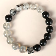 Buddha Stones Black Obsidian Black Rutilated Quartz Moonstone Cube Strength Bracelet Bracelet BS 1