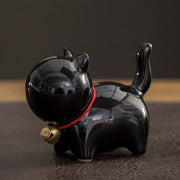 Buddha Stones Mini Cute Lucky Bell Cat Tea Pet Ceramic Home Desk Figurine Decoration Decorations BS Lucky Cat Black 7*3.4*5.8cm