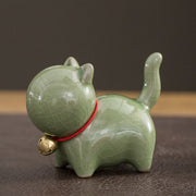 Buddha Stones Mini Cute Lucky Bell Cat Tea Pet Ceramic Home Desk Figurine Decoration Decorations BS Lucky Cat Green 7*3.4*5.8cm