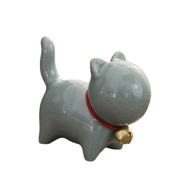 Buddha Stones Mini Cute Lucky Bell Cat Tea Pet Ceramic Home Desk Figurine Decoration