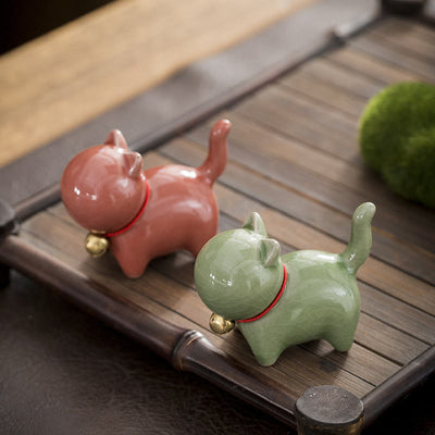 Buddha Stones Mini Cute Lucky Bell Cat Tea Pet Ceramic Home Desk Figurine Decoration Decorations BS main