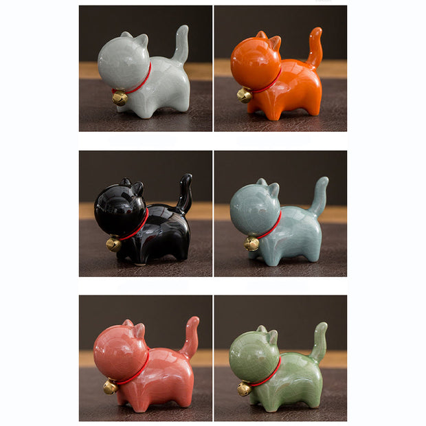 Buddha Stones Mini Cute Lucky Bell Cat Tea Pet Ceramic Home Desk Figurine Decoration Decorations BS 20