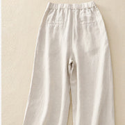 Buddha Stones Solid Color Front Button Back Elastic Cotton Linen Women's Pants With Pockets