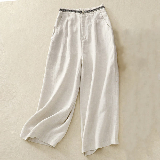 Buddha Stones Solid Color Front Button Back Elastic Cotton Linen Women's Pants With Pockets