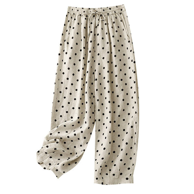 Buddha Stones Casual Black Polka Dots Drawstring Cotton Linen Women's Pants With Pockets