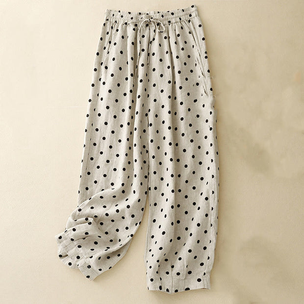 Buddha Stones Casual Black Polka Dots Drawstring Cotton Linen Women's Pants With Pockets