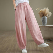 Buddha Stones Plain Color Wrinkled Design Elastic Waistband Cotton Linen Women's Pants With Pockets