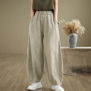 Buddha Stones Plain Color Wrinkled Design Elastic Waistband Cotton Linen Women's Pants With Pockets