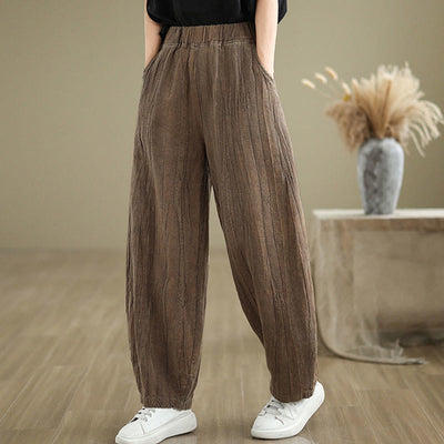 Buddha Stones Plain Color Wrinkled Design Elastic Waistband Cotton Linen Women's Pants With Pockets