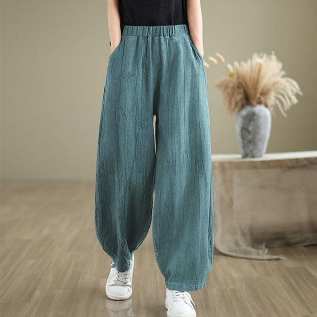 Buddha Stones Plain Color Wrinkled Design Elastic Waistband Cotton Linen Women's Pants With Pockets