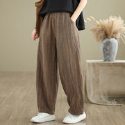 Buddha Stones Plain Color Wrinkled Design Elastic Waistband Cotton Linen Women's Pants With Pockets