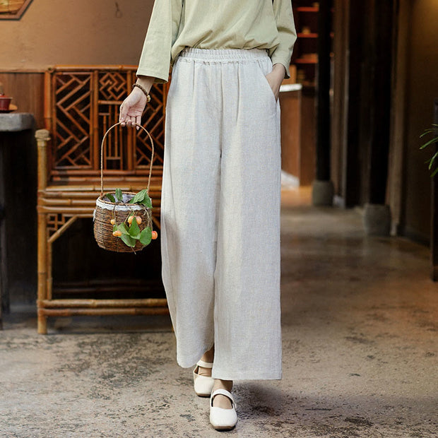 Buddha Stones Casual Plain Solid Color Elastic Linen Women's Pants With Pockets