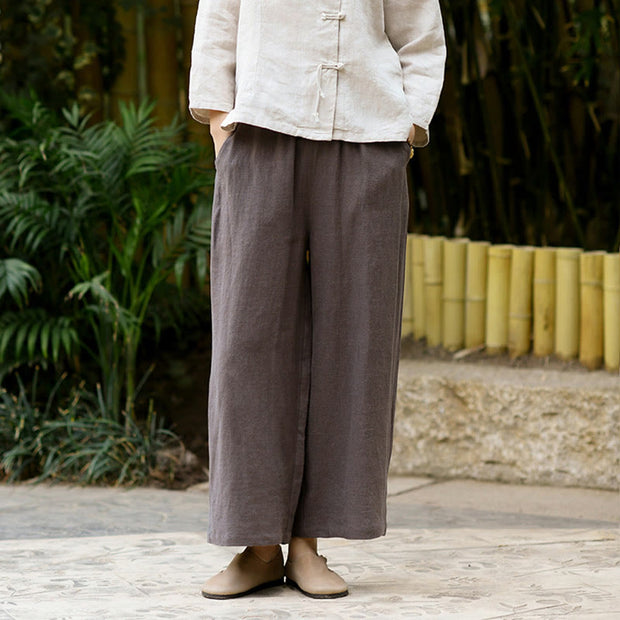 Buddha Stones Casual Plain Solid Color Elastic Linen Women's Pants With Pockets