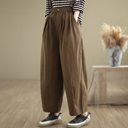 Buddha Stones Casual Solid Color One Top Button Elastic Waistband Cotton Linen Women's Pants With Pockets