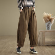 Buddha Stones Casual Solid Color One Top Button Elastic Waistband Cotton Linen Women's Pants With Pockets