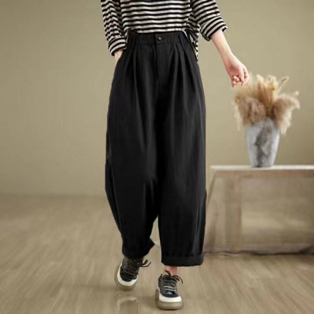 Buddha Stones Casual Solid Color One Top Button Elastic Waistband Cotton Linen Women's Pants With Pockets