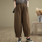 Buddha Stones Casual Solid Color One Top Button Elastic Waistband Cotton Linen Women's Pants With Pockets