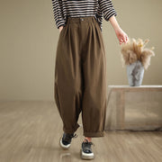 Buddha Stones Casual Solid Color One Top Button Elastic Waistband Cotton Linen Women's Pants With Pockets