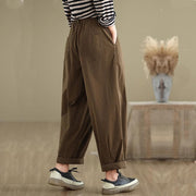 Buddha Stones Casual Solid Color One Top Button Elastic Waistband Cotton Linen Women's Pants With Pockets