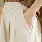 Buddha Stones Casual Solid Color Tapered Elastic Waistband Cotton Linen Women's Pants With Pockets