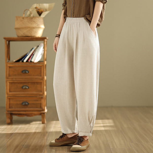 Buddha Stones Casual Solid Color Tapered Elastic Waistband Cotton Linen Women's Pants With Pockets