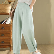 Buddha Stones Casual Solid Color Tapered Elastic Waistband Cotton Linen Women's Pants With Pockets