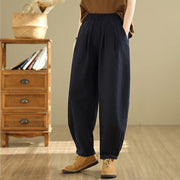 Buddha Stones Casual Solid Color Tapered Elastic Waistband Cotton Linen Women's Pants With Pockets